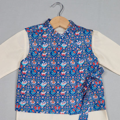 Cream Kurta With Blue Patola Tie-Up Jacket