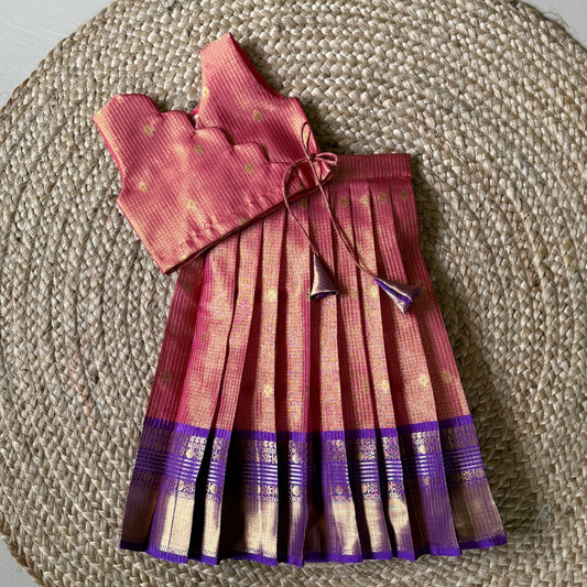 Orange Pink Tissue semi silk lehenga set with contrast purple border