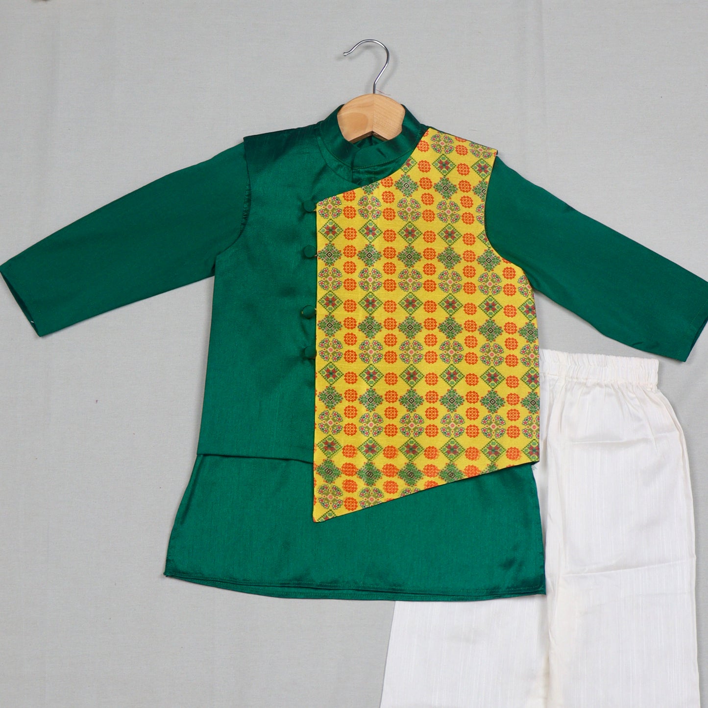 Green Kurta With Asymmetrical Patola Jacket