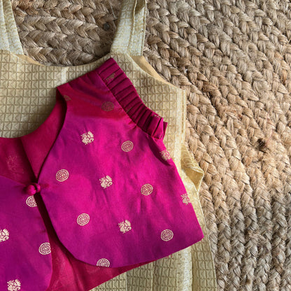 Off white with Antique Gold Tissue Frock and Rani Pink Jacket