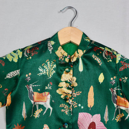 Bottle Green Printed Tussar Silk Kurta Set