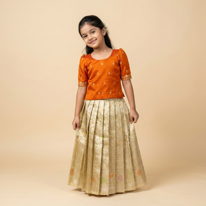Gold Tissue and Orange Raw silk Lehenga Set