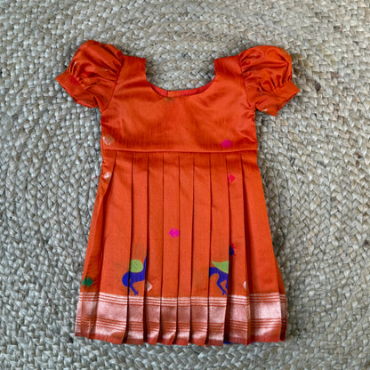 Orange Khadi Raw Silk Girls Frock with Meenakari Peacock Zari
