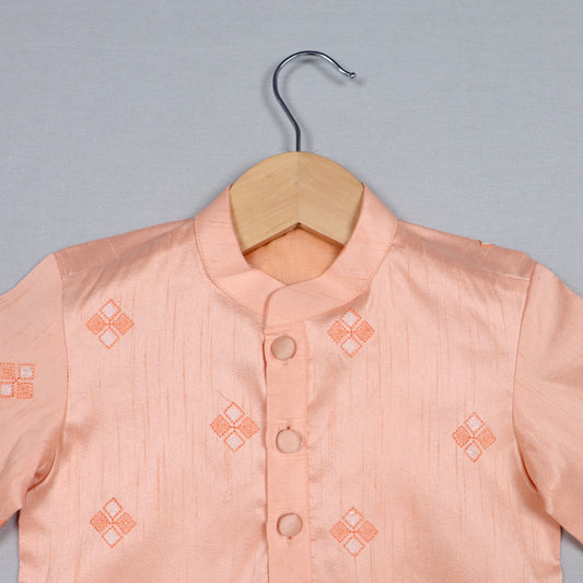 Peach Embroidered Raw Silk Kurta Set