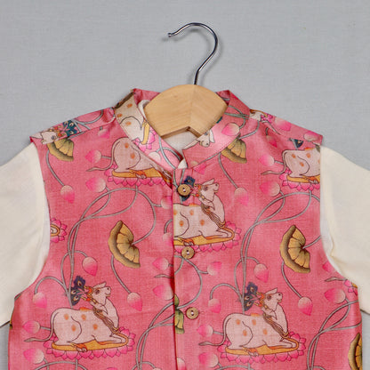 Pink Pichwai Jacket Set with Cream Kurta