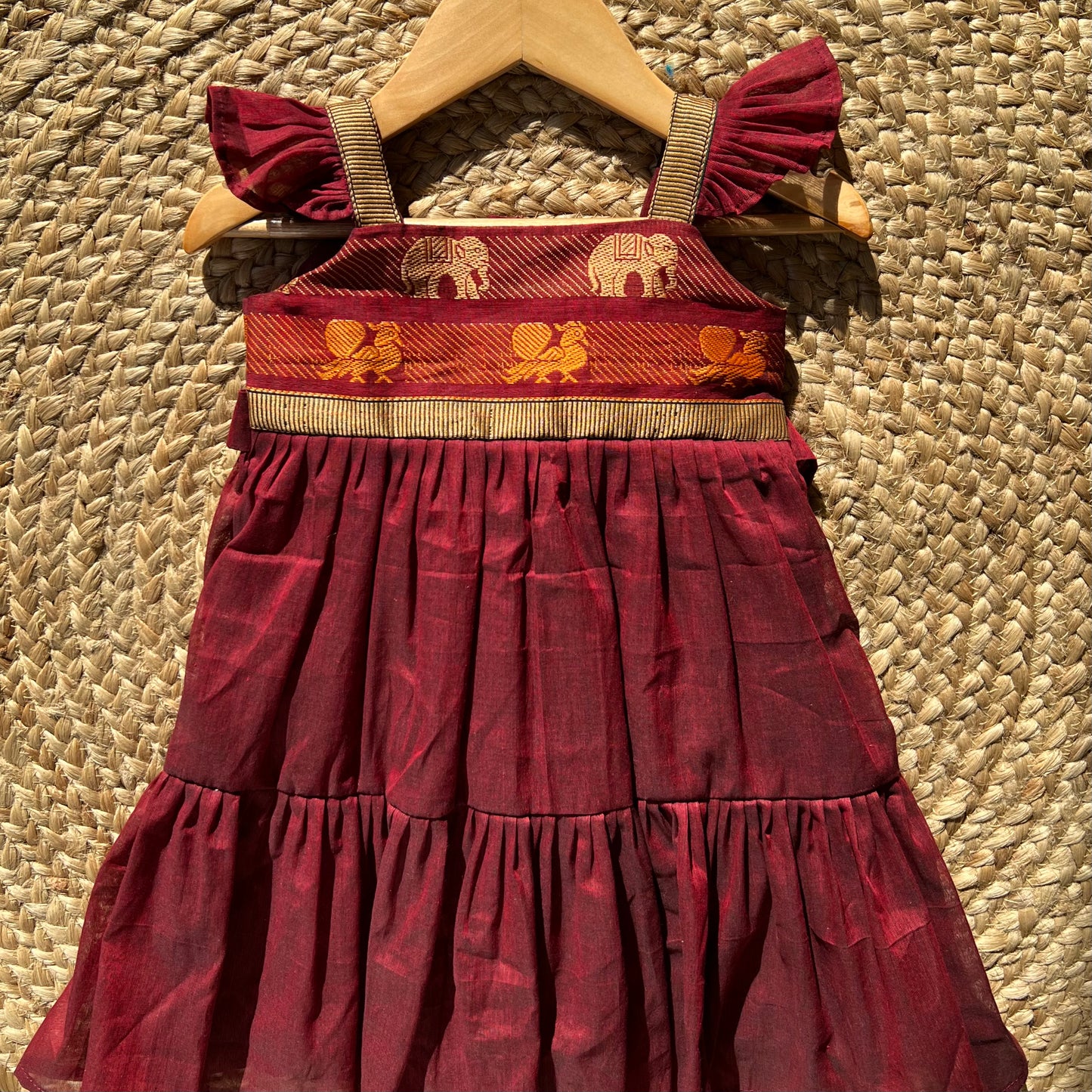 Elephant Print Maroon Ruffle Frock