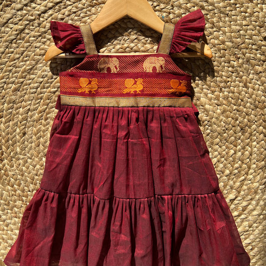 Elephant Print Maroon Ruffle Frock
