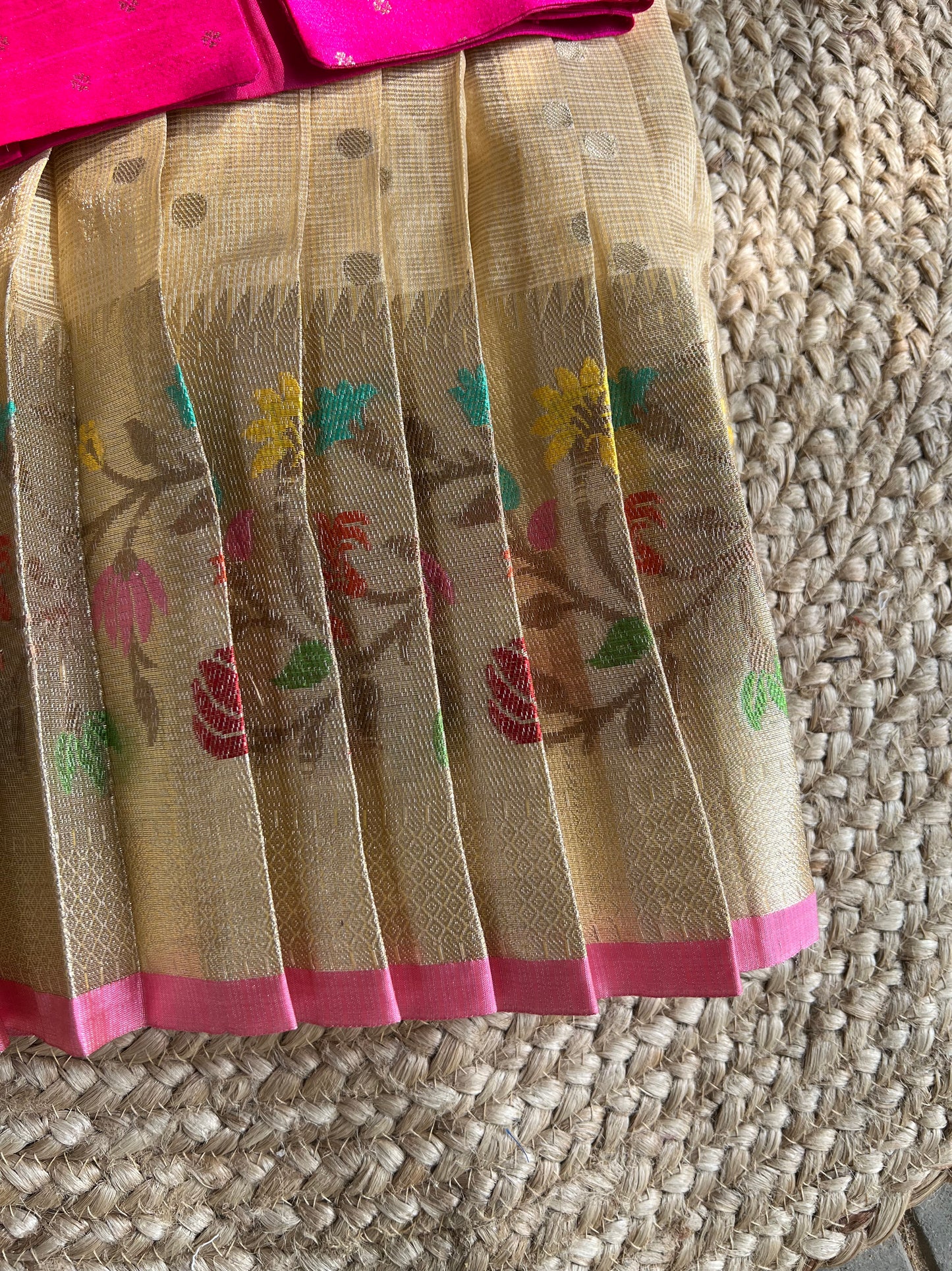 Beige Gold with Multicolour Floral Border & fluorescent Pink Jacket