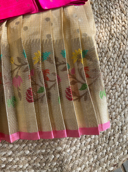 Beige Gold with Multicolour Floral Border & fluorescent Pink Jacket