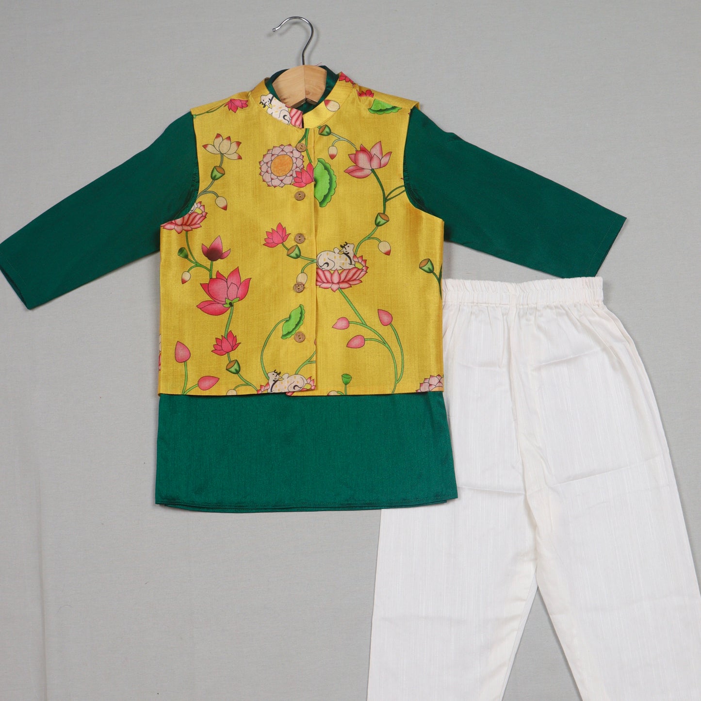 Yellow Pichwai Jacket Set with Green Kurta