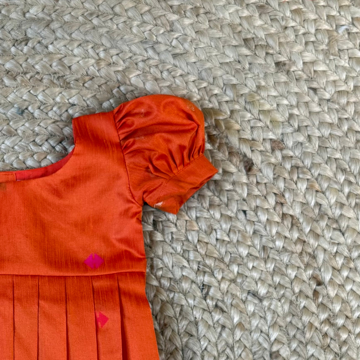 Orange Khadi Raw Silk Girls Frock with Meenakari Peacock Zari
