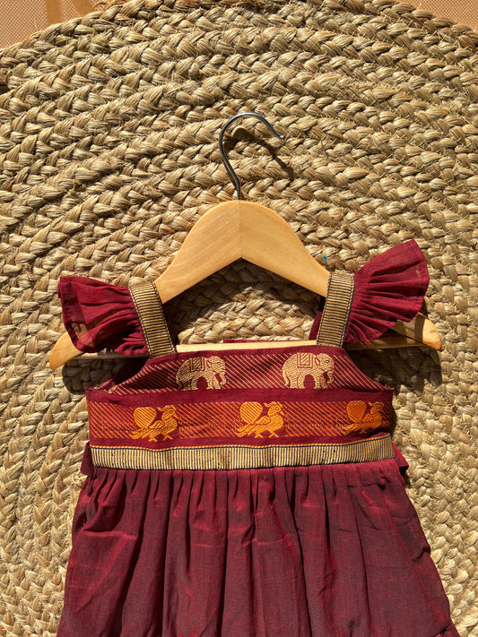 Elephant Print Maroon Ruffle Frock