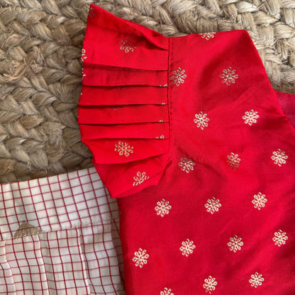 Ivory White & Crimson Red Gadwal Checks Lehenga Set