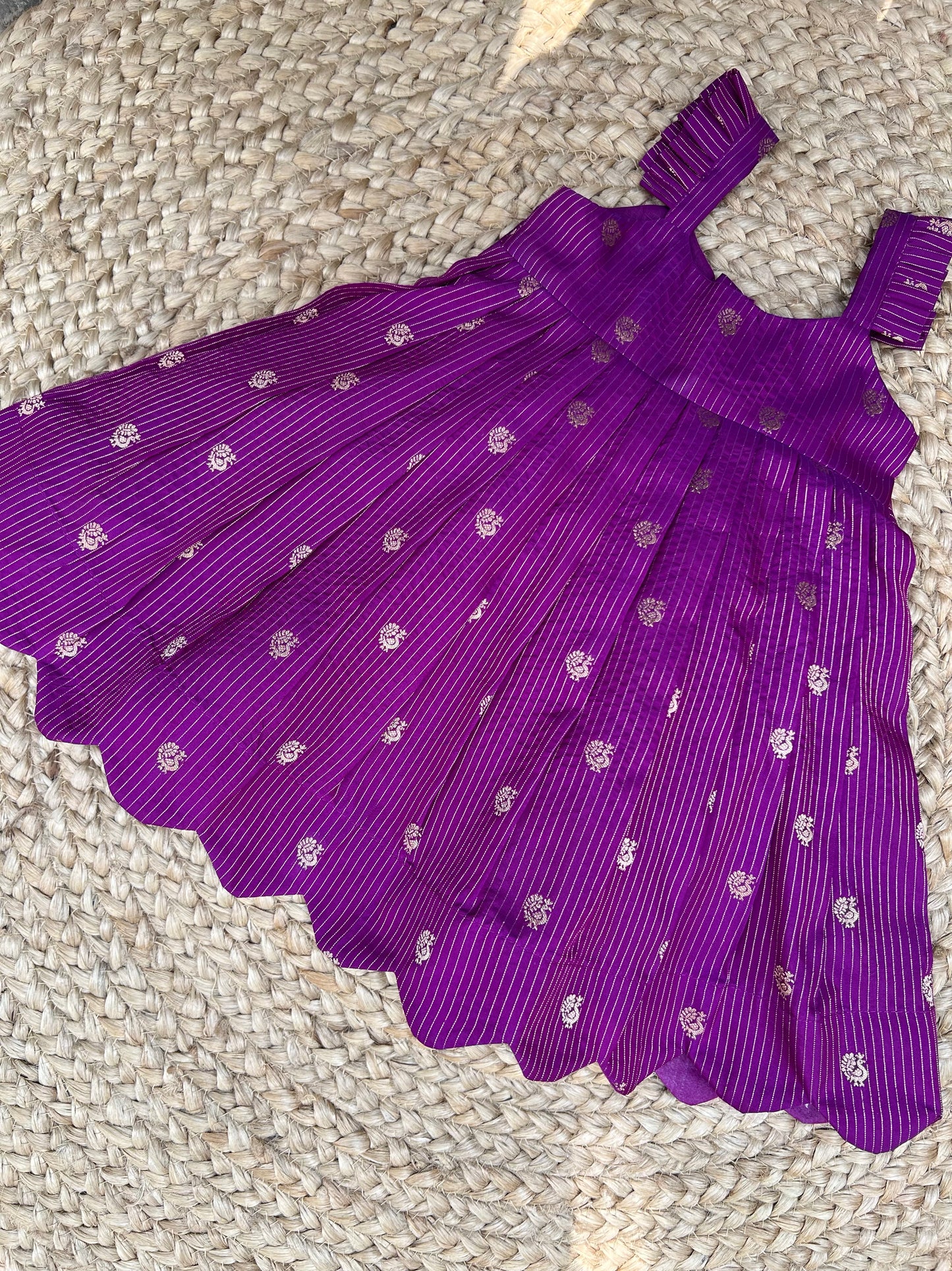 Peacock Butti Raw Silk Scalloped Hem Dress – Royal Purple