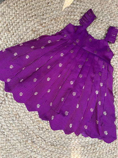 Peacock Butti Raw Silk Scalloped Hem Dress – Royal Purple