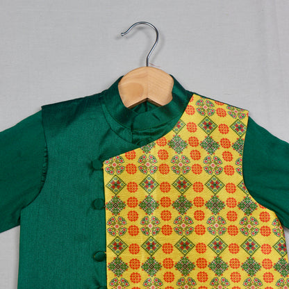 Green Kurta With Asymmetrical Patola Jacket