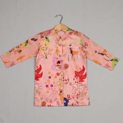 Peach Printed Tussar Silk Kurta Set