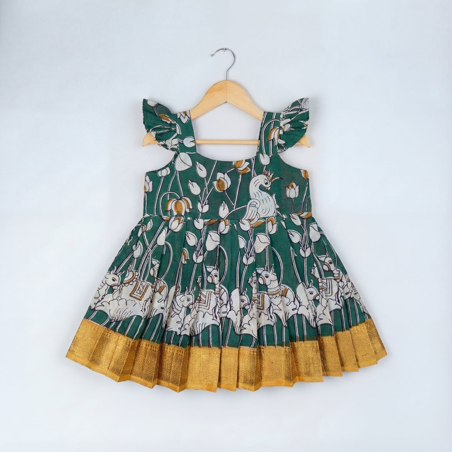 Green and Mustard Color Kalamkari print Frock