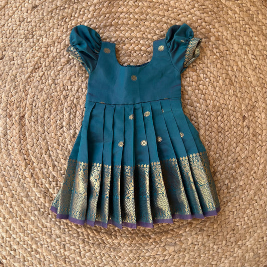 Peacock Green Benarasi Puff Sleeves Ethnic Frock