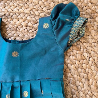Peacock Green Benarasi Puff Sleeves Ethnic Frock