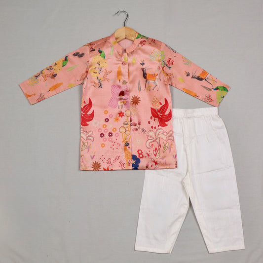 Peach Printed Tussar Silk Kurta Set
