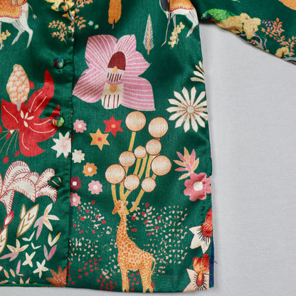 Bottle Green Printed Tussar Silk Kurta Set