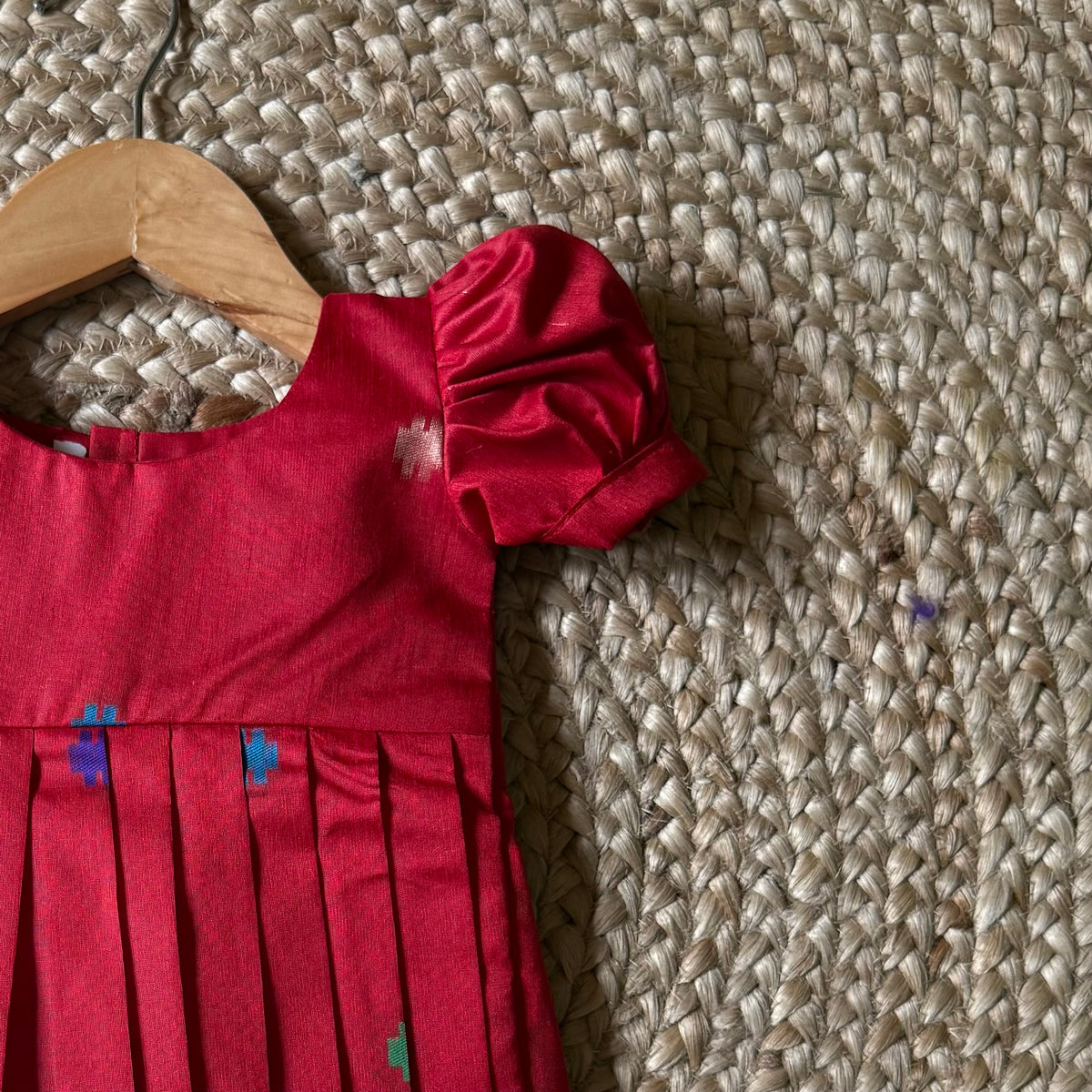 Red Khadi Raw Silk Frock with Meenakari Peacock Zari