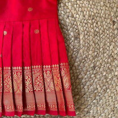 Red Benarasi Puff Sleeves Ethnic Frock
