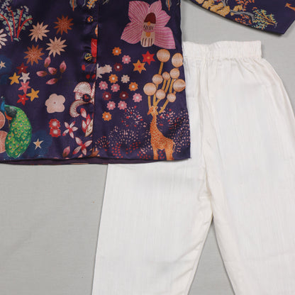 Navy Blue Printed Tussar Silk Kurta Set