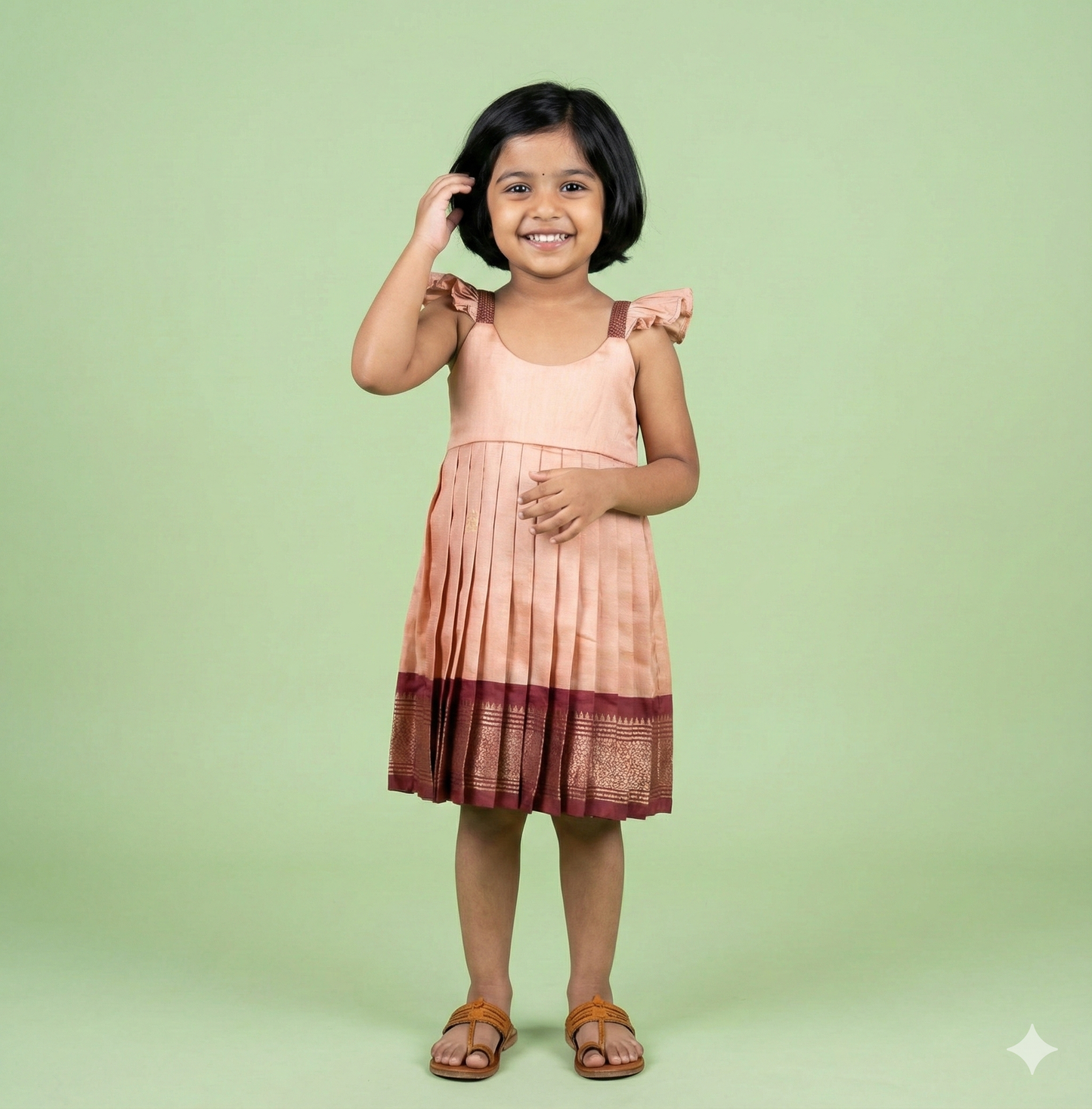 Peach Pink and Maroon Semi Paithani Frock