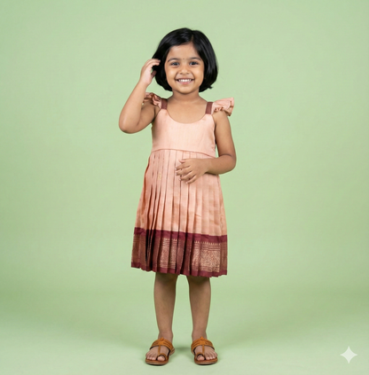 Peach Pink and Maroon Semi Paithani Frock