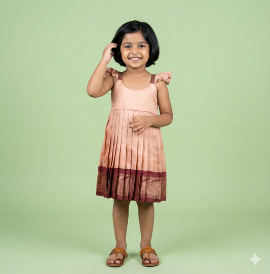 Peach Pink and Maroon Semi Paithani Frock