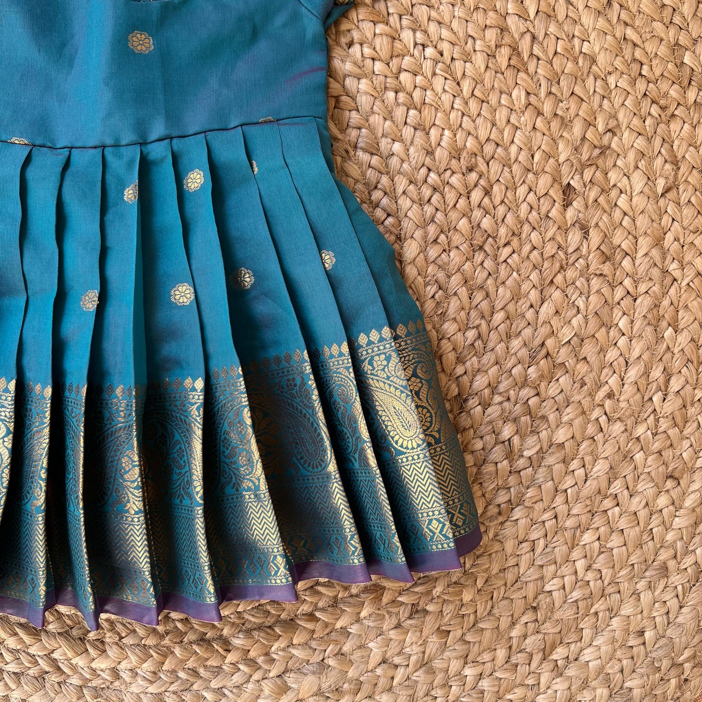 Peacock Green Benarasi Puff Sleeves Ethnic Frock