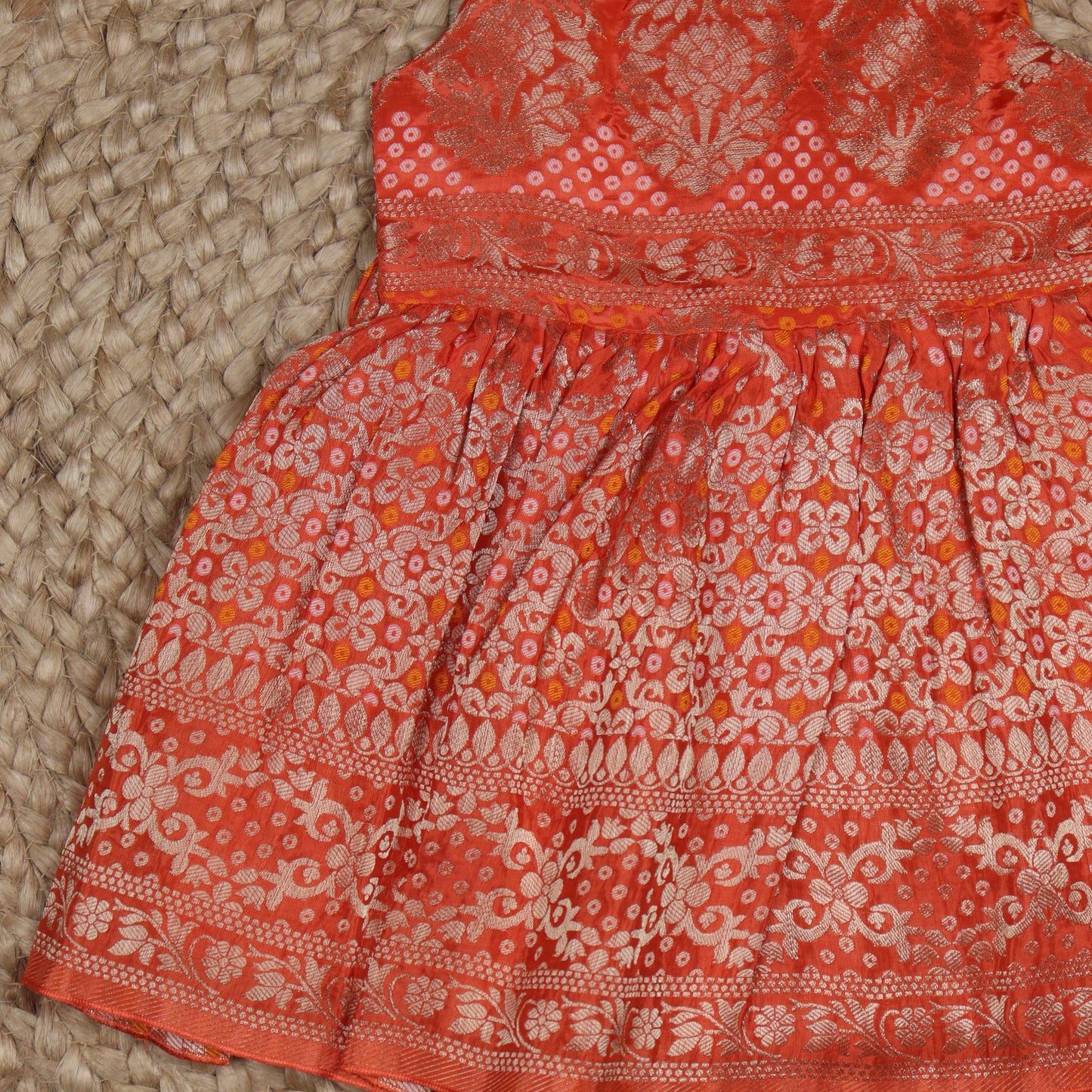 Orange  Benarasi Gathered Pleats Frock