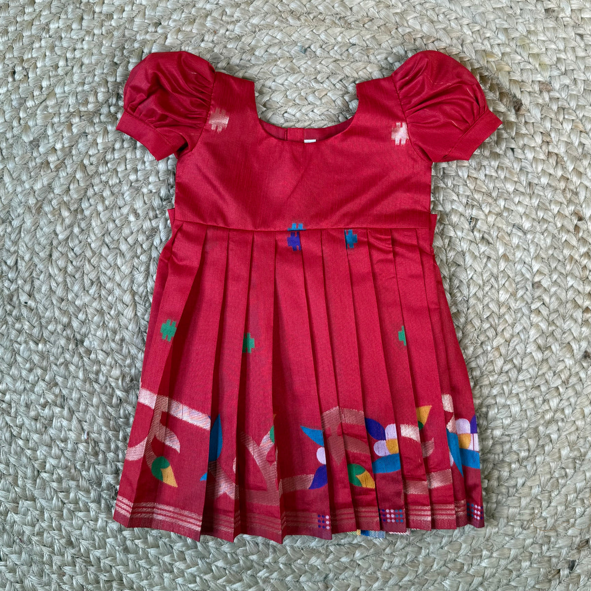 Red Khadi Raw Silk Frock with Meenakari Peacock Zari
