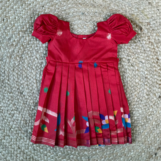 Red Khadi Raw Silk Frock with Meenakari Peacock Zari