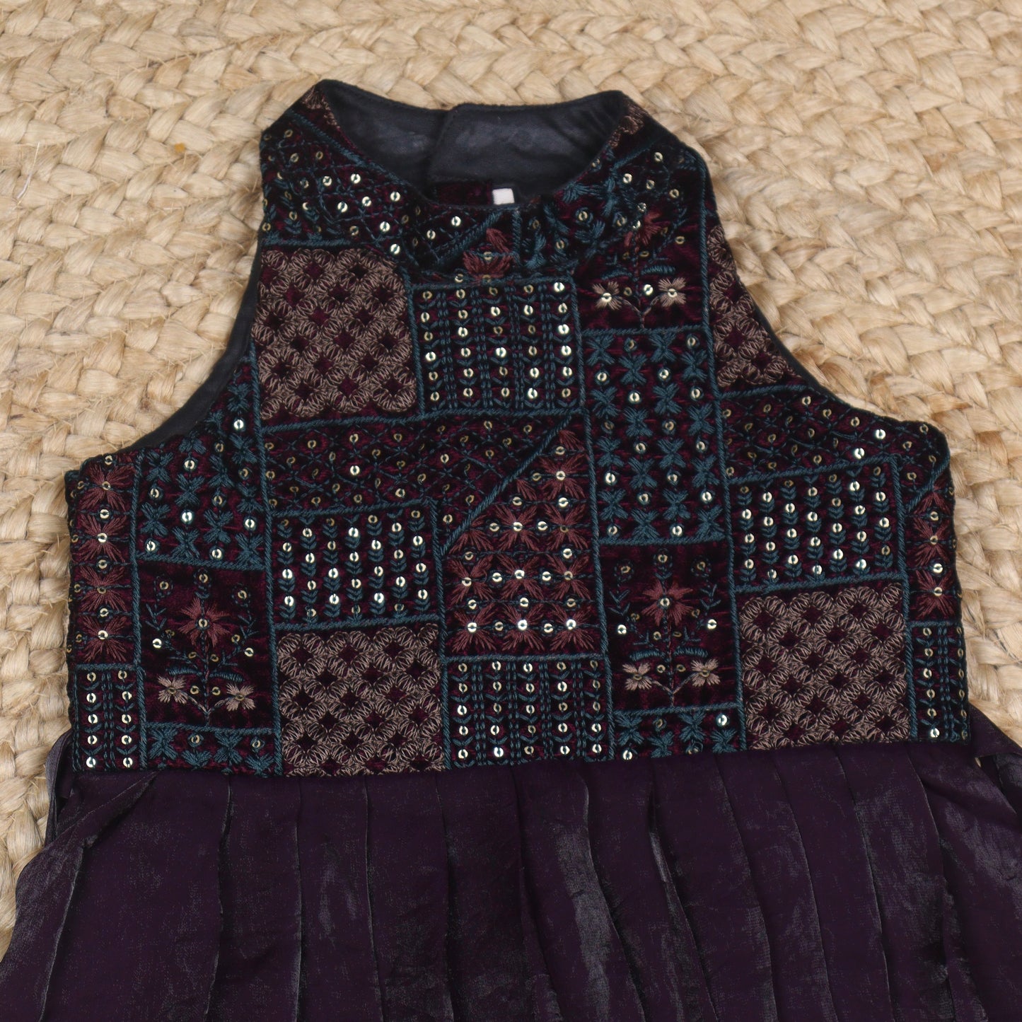 Deep Plum Silk Ethnic Frock with Embroidered Patchwork Yoke