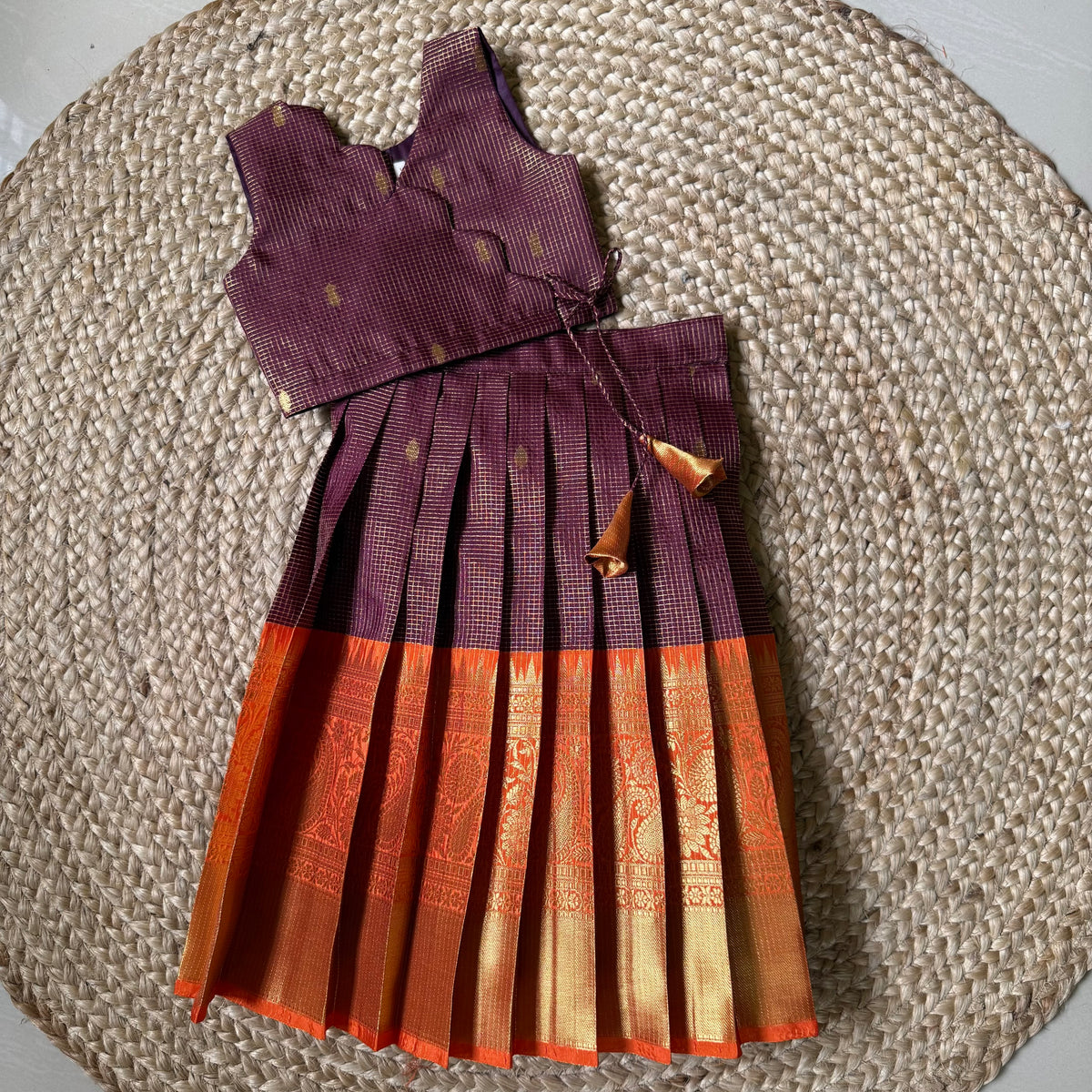 Traditional Maroon & Orange Scallop Tissue Lehanga Set