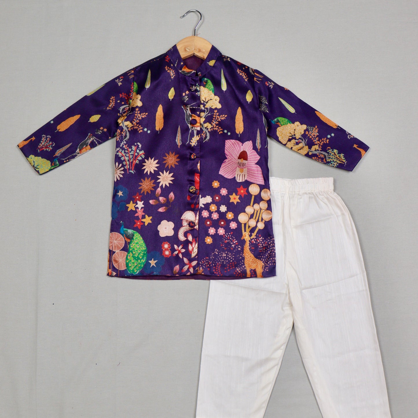 Navy Blue Printed Tussar Silk Kurta Set