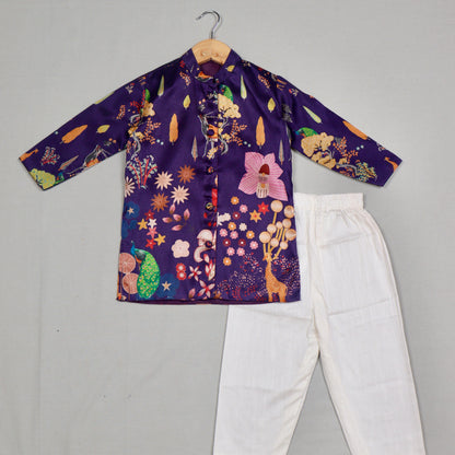 Navy Blue Printed Tussar Silk Kurta Set