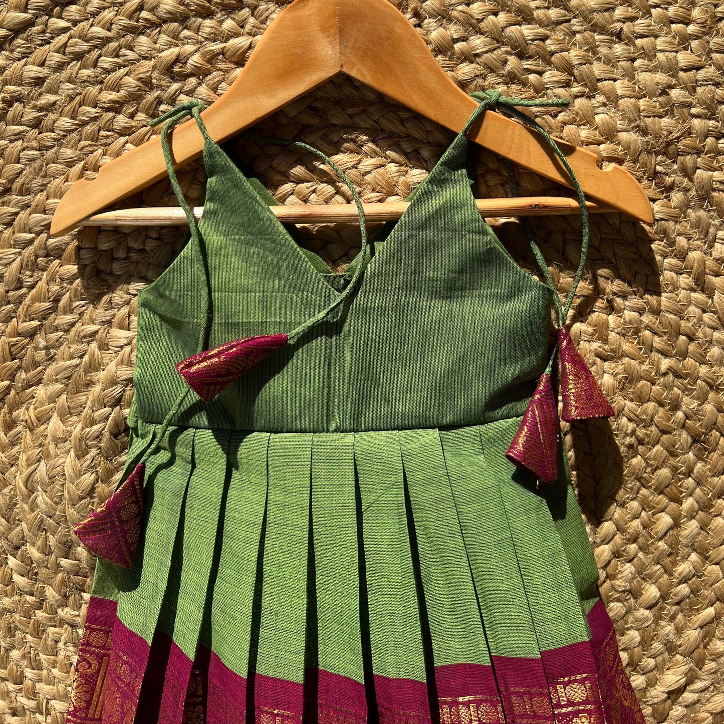 Green & Rani Pink Kanchi Cotton tie-up Frock