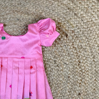Pink Khadi Raw Silk Girls Frock with Meenakari Peacock Zari