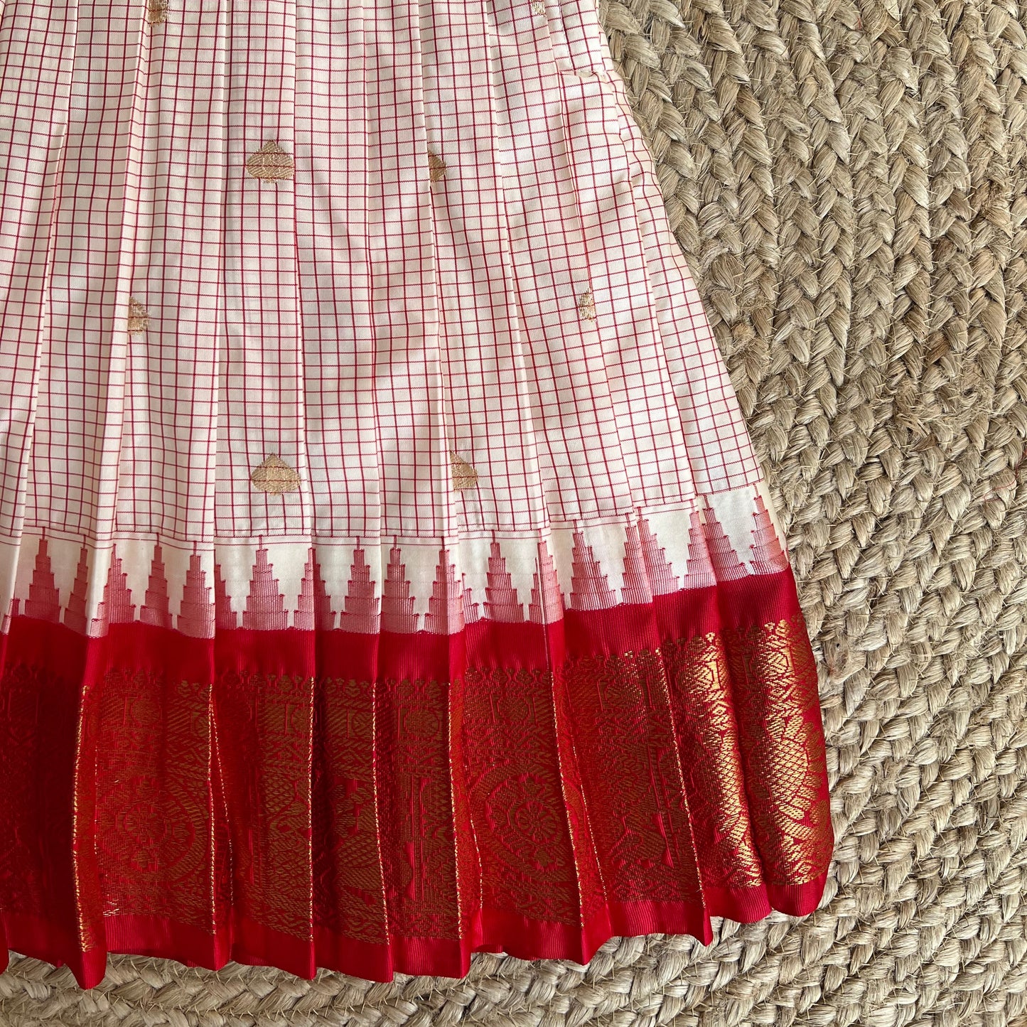 Ivory White & Crimson Red Gadwal Checks Lehenga Set