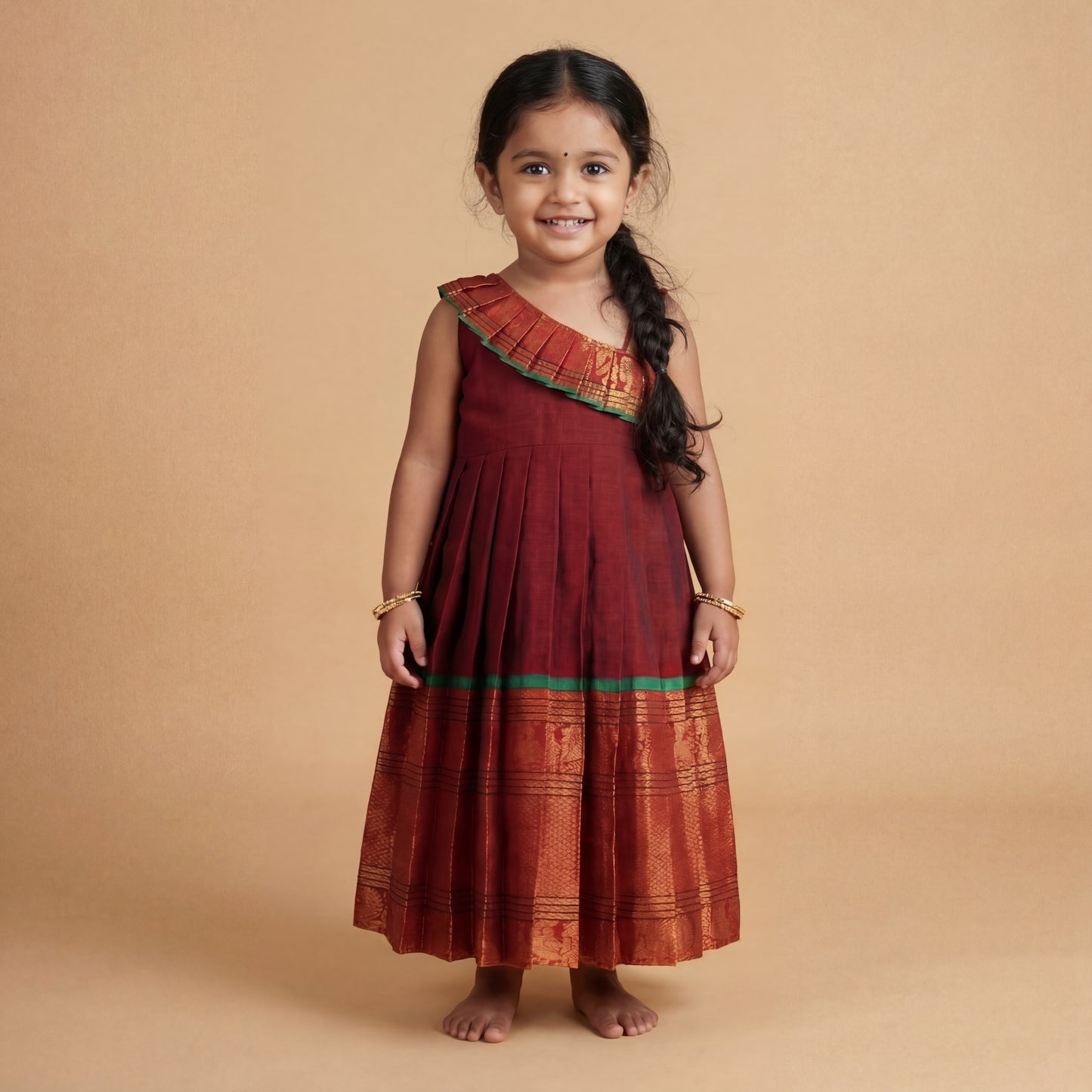 Maroon with Green Traditional Narayanapet  Cotton Frock