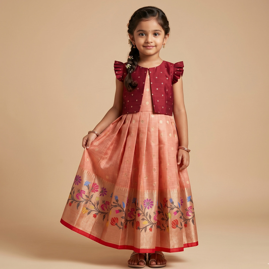 Peach with Multicolour Floral Weaving Kota Frock & Deep Red Jacket