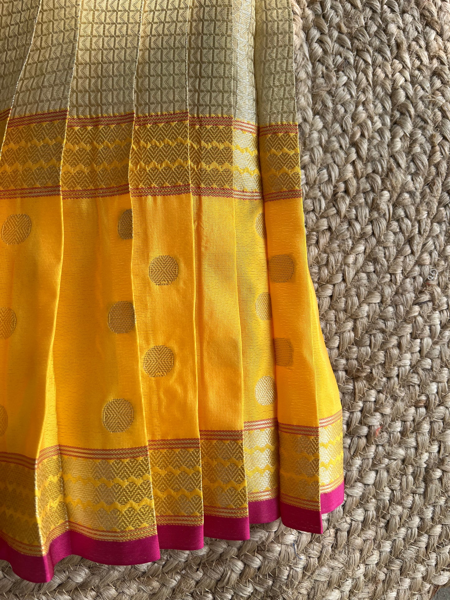 Off white with Antique Gold Tissue Frock and Rani Pink Jacket