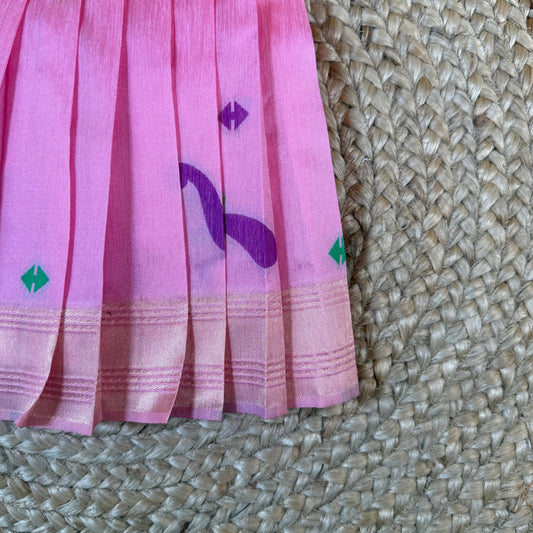 Pink Khadi Raw Silk Girls Frock with Meenakari Peacock Zari
