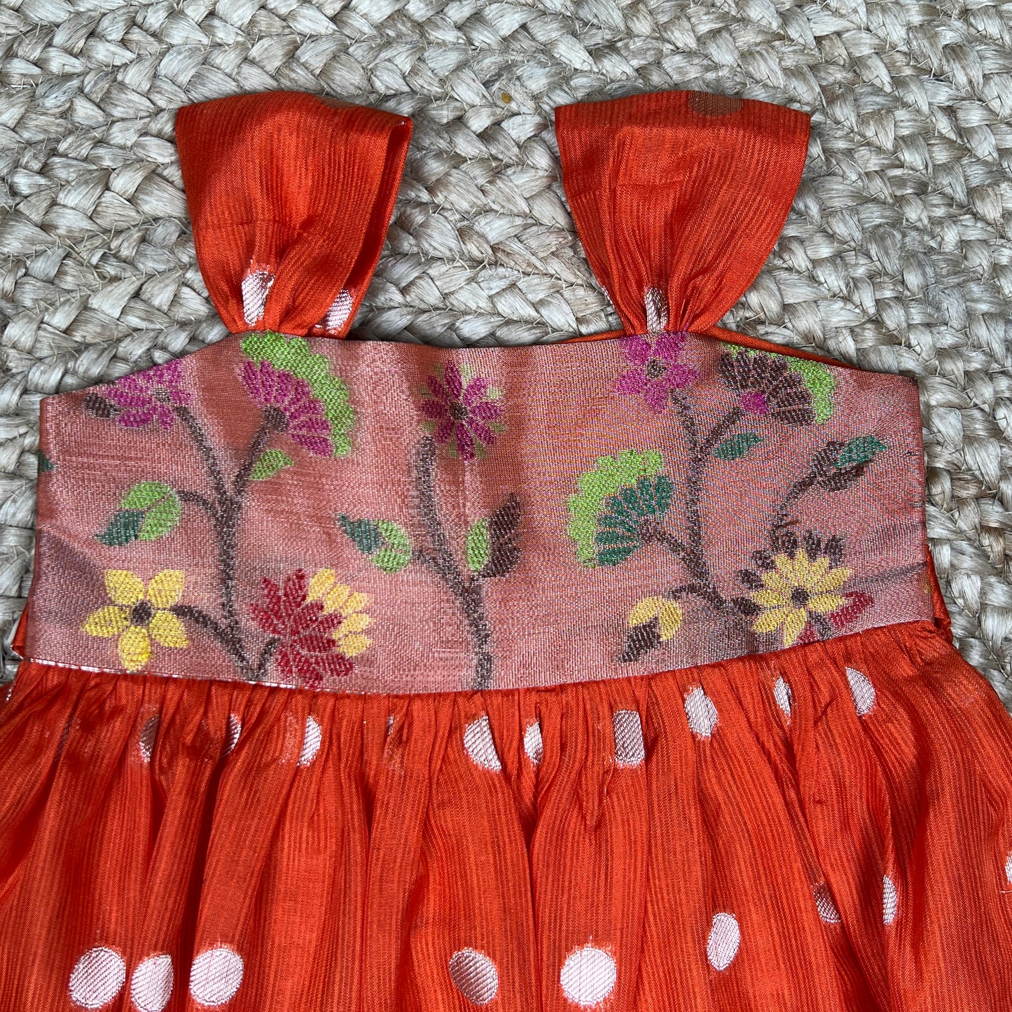 Rust Orange Silk Ethnic Frock with Printed Yoke