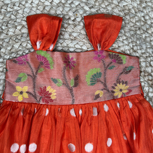 Rust Orange Silk Ethnic Frock with Printed Yoke