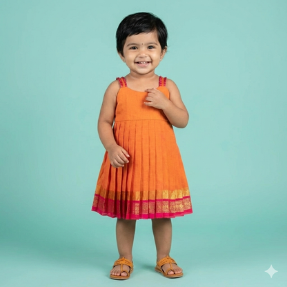 Orange And Pink Kanchi Cotton Frock